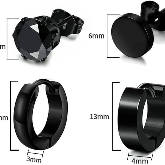 16-Pair Men Black Stainless Steel Earring Set with Dangle Hoops, Studs & Cross D - Picture 2 of 5